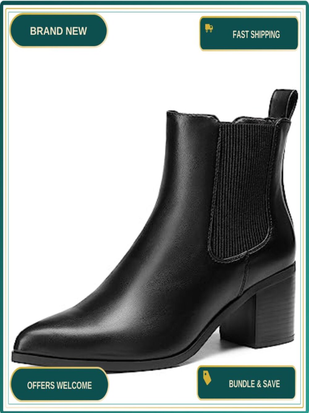 Faux Leather Chelsea Ankle Boots with 2.5" Chunky Heel, Pointed Toe, Pull-On